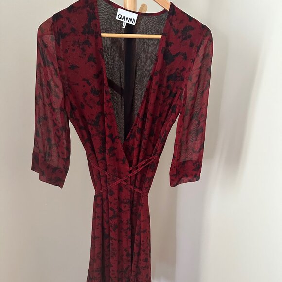 GANNI Light Georgette Wrap Midi Dress in Syrah (Red-Black Floral Print) - Picture 4 of 11